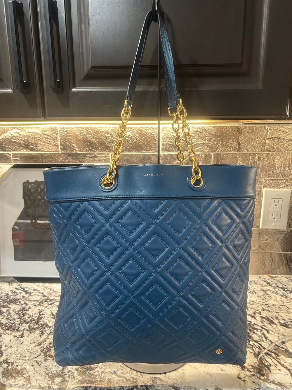 Tory Burch Quilted Navy Leather Tote with Gold Chain Handles GUC